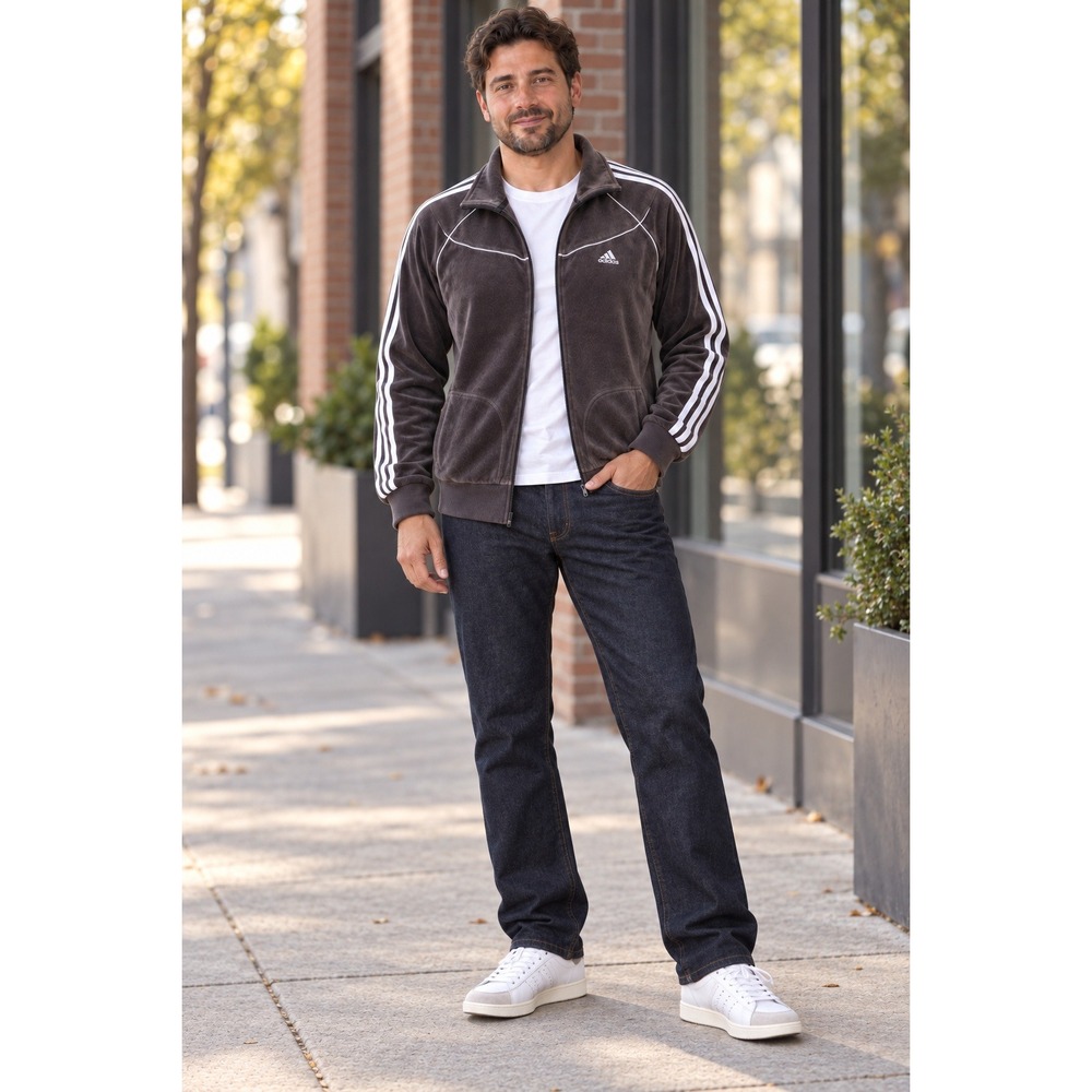 Y2K Adidas Mens Gray 3-Stripe Full-Zip Mock Neck Velour Track Jacket Size XL